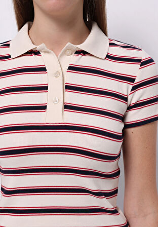 Slim Fit Polo Yaka Çizgili Kadın Ekru Kısa Kol Tişört