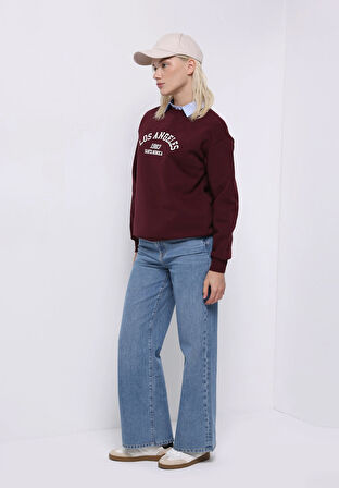 Regular Fit Yuvarlak Yaka Baskılı Kadın Bordo Sweatshirt