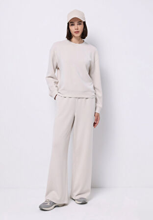 Regular Fit Orta Bel Düz Kadın Ekru Eşofman Altı