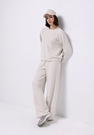 Regular Fit Orta Bel Düz Kadın Ekru Eşofman Altı