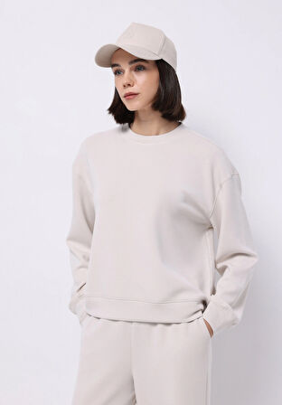 Regular Fit Yuvarlak Yaka Düz Kadın Ekru Sweatshirt