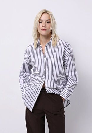 Relax Fit Shirt Neck Çizgili Kadın Mor Uzun Kol Gömlek