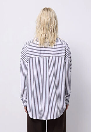 Relax Fit Shirt Neck Çizgili Kadın Mor Uzun Kol Gömlek