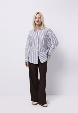 Relax Fit Shirt Neck Çizgili Kadın Mor Uzun Kol Gömlek