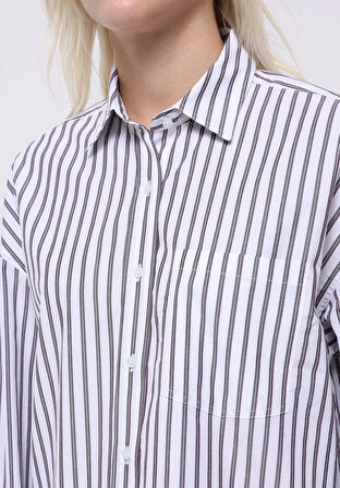 Relax Fit Shirt Neck Çizgili Kadın Mor Uzun Kol Gömlek