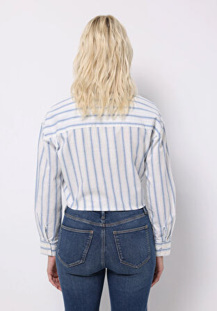 Regular Fit Shirt Neck Çizgili Kadın Mavi Uzun Kol Gömlek
