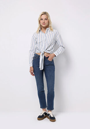 Regular Fit Shirt Neck Çizgili Kadın Mavi Uzun Kol Gömlek