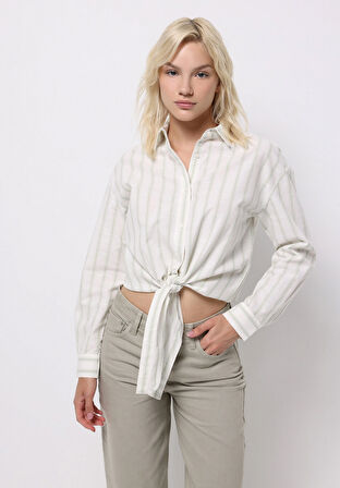 Regular Fit Shirt Neck Çizgili Kadın Yeşil Uzun Kol Gömlek