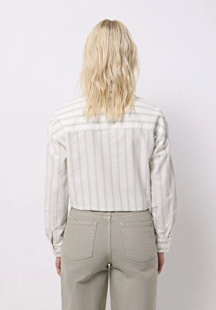 Regular Fit Shirt Neck Çizgili Kadın Yeşil Uzun Kol Gömlek