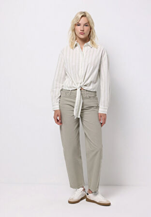 Regular Fit Shirt Neck Çizgili Kadın Yeşil Uzun Kol Gömlek