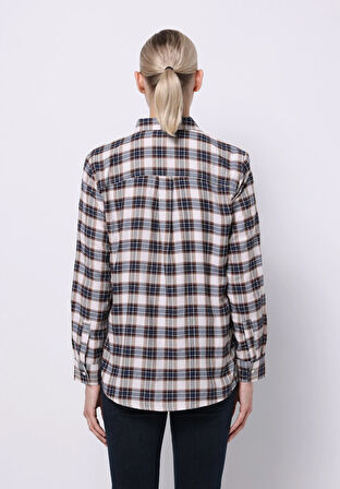 Regular Fit Shirt Neck Ekoseli Kadın Bej Uzun Kol Gömlek