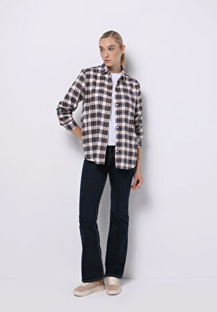 Regular Fit Shirt Neck Ekoseli Kadın Bej Uzun Kol Gömlek