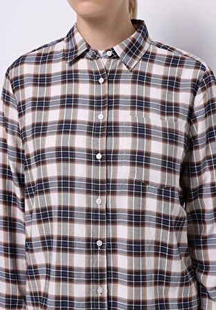 Regular Fit Shirt Neck Ekoseli Kadın Bej Uzun Kol Gömlek