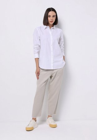 Regular Fit Shirt Neck Nakışlı Kadın Beyaz Uzun Kol Gömlek
