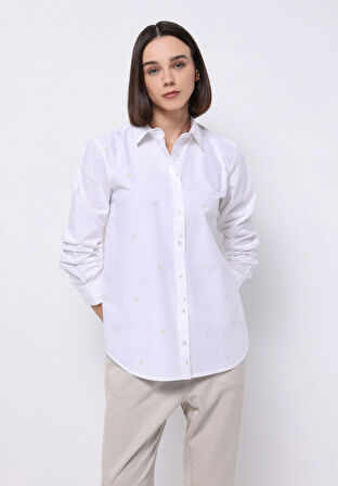 Regular Fit Shirt Neck Nakışlı Kadın Beyaz Uzun Kol Gömlek