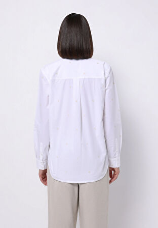Regular Fit Shirt Neck Nakışlı Kadın Beyaz Uzun Kol Gömlek