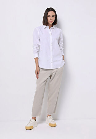 Regular Fit Shirt Neck Nakışlı Kadın Beyaz Uzun Kol Gömlek