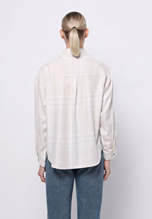 Relax Fit Shirt Neck Ekoseli Kadın Ekru Uzun Kol Gömlek