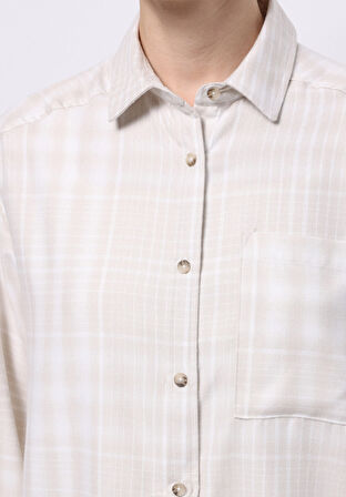 Relax Fit Shirt Neck Ekoseli Kadın Ekru Uzun Kol Gömlek