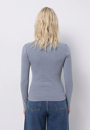 Slim Fit Yuvarlak Yaka Düz Kadın Mavi Uzun Kol Tişört