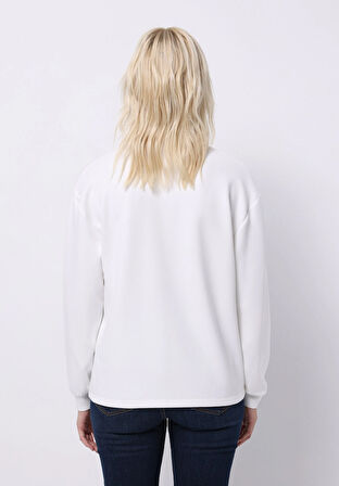 Regular Fit Polo Yaka Düz Kadın Beyaz Uzun Kol Tişört