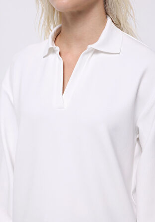 Regular Fit Polo Yaka Düz Kadın Beyaz Uzun Kol Tişört