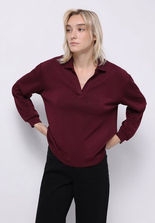 Regular Fit Polo Yaka Düz Kadın Mor Uzun Kol Tişört