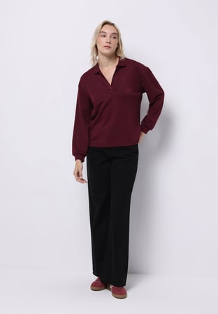 Regular Fit Polo Yaka Düz Kadın Mor Uzun Kol Tişört