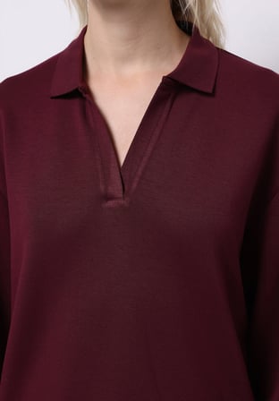 Regular Fit Polo Yaka Düz Kadın Mor Uzun Kol Tişört