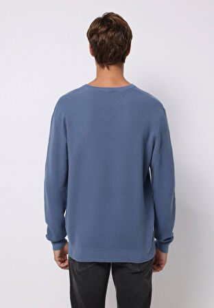 Regular Fit Yuvarlak Yaka Jakarlı Erkek Mavi Kazak