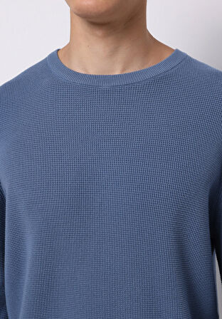 Regular Fit Yuvarlak Yaka Jakarlı Erkek Mavi Kazak