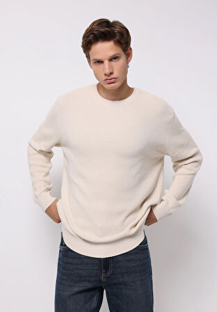 Regular Fit Yuvarlak Yaka Jakarlı Erkek Ekru Kazak