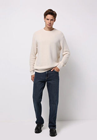 Regular Fit Yuvarlak Yaka Jakarlı Erkek Ekru Kazak