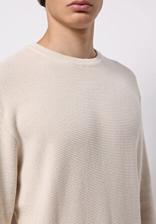 Regular Fit Yuvarlak Yaka Jakarlı Erkek Ekru Kazak