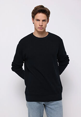 Regular Fit Yuvarlak Yaka Jakarlı Erkek Lacivert Kazak