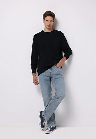 Regular Fit Yuvarlak Yaka Jakarlı Erkek Lacivert Kazak