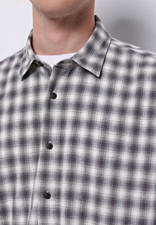 Boxy Fıt Shirt Neck Kareli Erkek Gri Uzun Kol Gömlek
