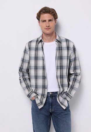 Regular Fit Shirt Neck Ekoseli Erkek Gri Uzun Kol Gömlek
