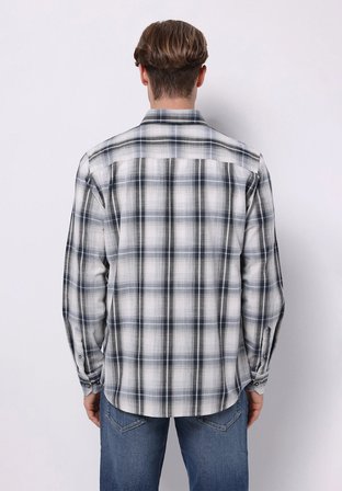 Regular Fit Shirt Neck Ekoseli Erkek Gri Uzun Kol Gömlek