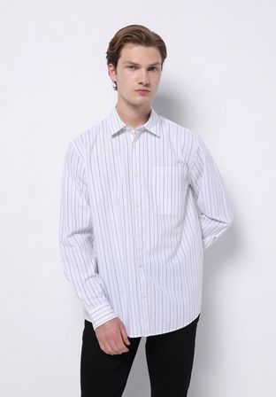 Comfort Fit Shirt Neck Çizgili Erkek Beyaz Uzun Kol Gömlek