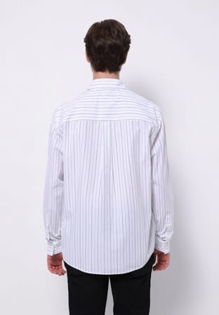 Comfort Fit Shirt Neck Çizgili Erkek Beyaz Uzun Kol Gömlek