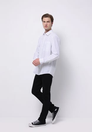 Comfort Fit Shirt Neck Çizgili Erkek Beyaz Uzun Kol Gömlek