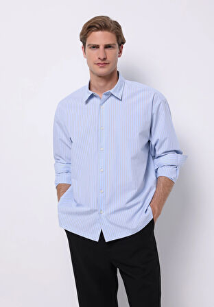 Boxy Fıt Shirt Neck Çizgili Erkek Mavi Uzun Kol Gömlek