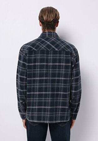 Comfort Fit Shirt Neck Ekoseli Erkek Mavi Uzun Kol Gömlek