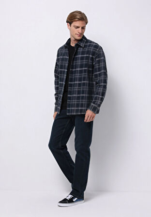 Comfort Fit Shirt Neck Ekoseli Erkek Mavi Uzun Kol Gömlek