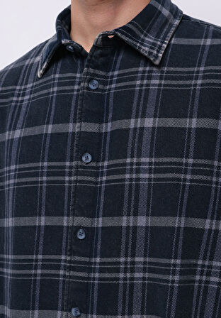 Comfort Fit Shirt Neck Ekoseli Erkek Mavi Uzun Kol Gömlek