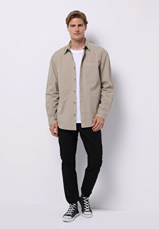 Comfort Fit Shirt Neck Düz Erkek Bej Uzun Kol Gömlek