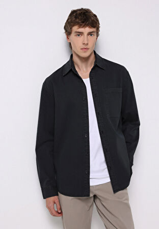 Comfort Fit Shirt Neck Düz Erkek Siyah Uzun Kol Gömlek
