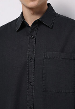 Comfort Fit Shirt Neck Düz Erkek Siyah Uzun Kol Gömlek