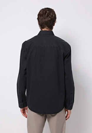 Comfort Fit Shirt Neck Düz Erkek Siyah Uzun Kol Gömlek